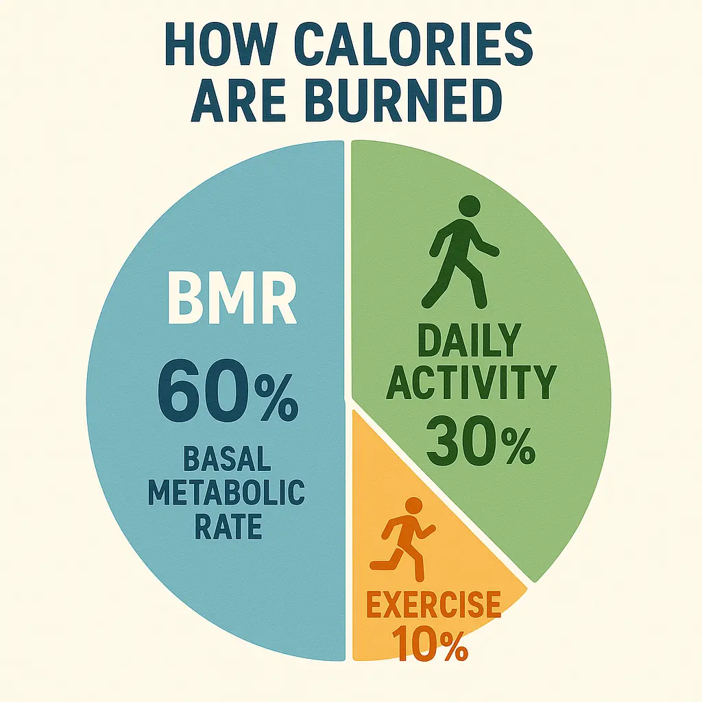 Infographic showing how calories are burned through BMR, daily activity, and exercise